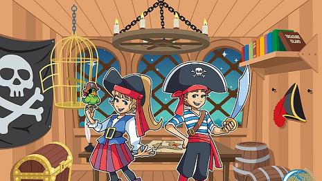 Enfants pirates dans la cabine d'un bateau