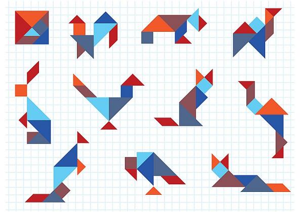 Tangrams Les différentes couleurs ne sont là que pour bien montrer comment assembler les différents morceaux que tu découpes dans...